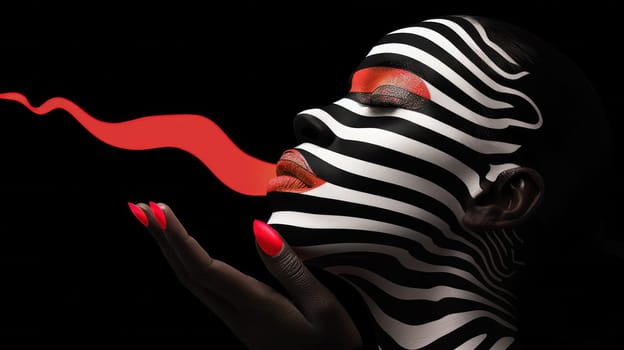 A woman with painted face and body in a zebra print dress