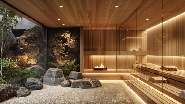 A room with a lot of rocks and trees in it