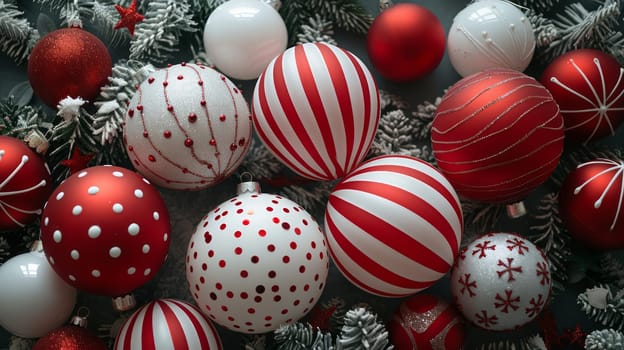 A bunch of red and white christmas ornaments on a tree