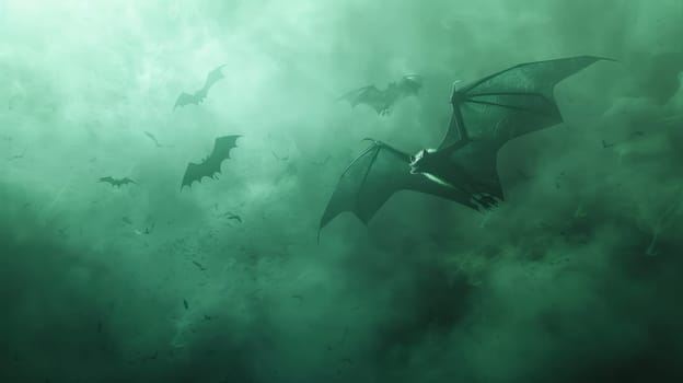 A group of bats flying in the air with green water