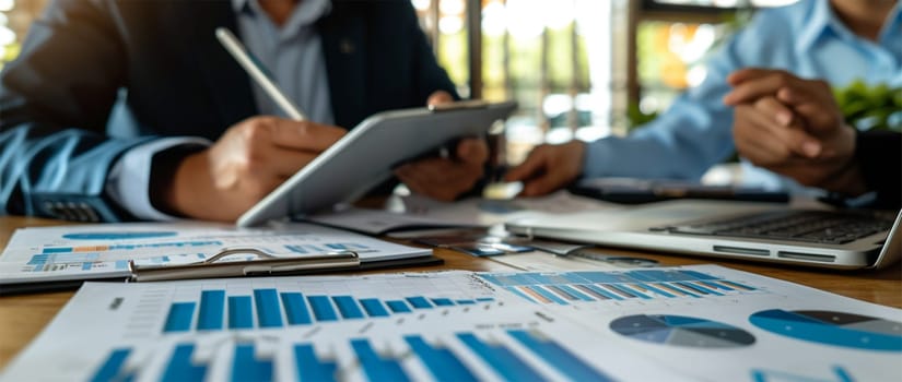 A business meeting, financial charts and a laptop on a wooden table.
