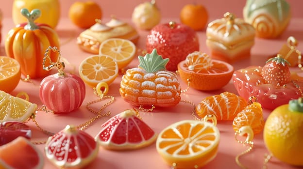 A bunch of different fruits and vegetables are on a pink table