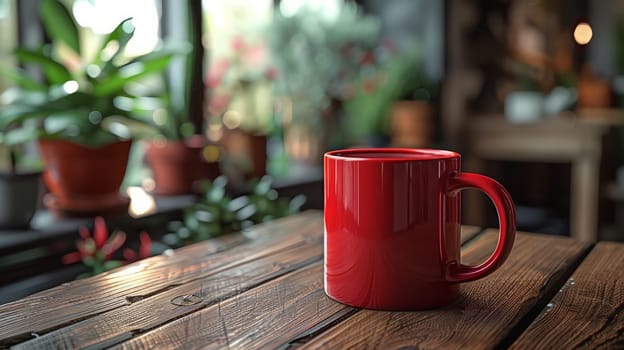 A red coffee mug sitting on a wooden table next to plants