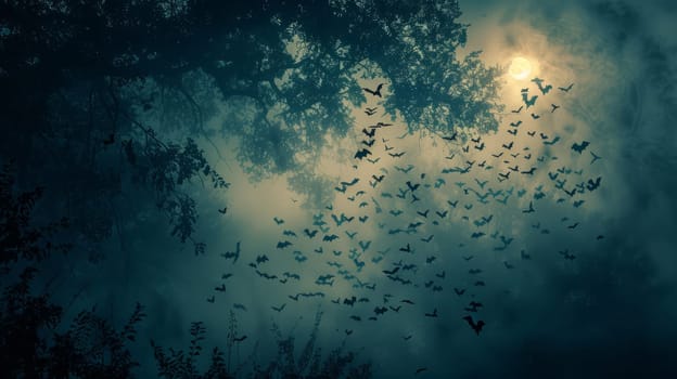 A large flock of birds flying in the sky over a forest