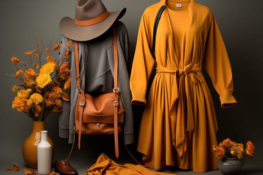 Stylish autumn women's outfit. clothes and accessories in a warm autumn palette. showcase