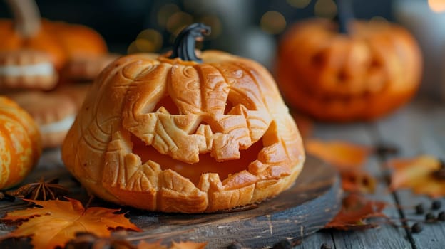 A carving of a pumpkin with carved faces on it