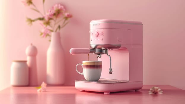 A pink coffee maker with a cup of hot liquid in it