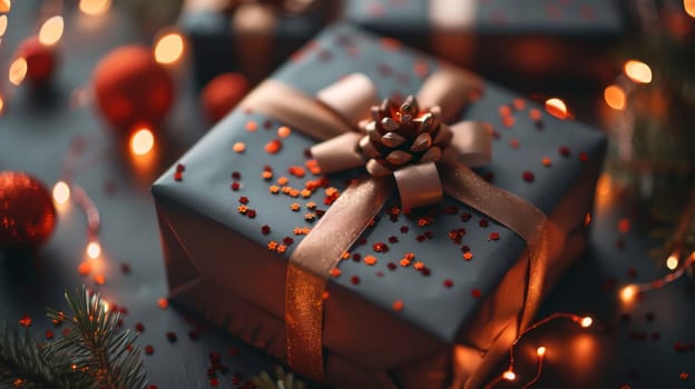 A close up of a gift wrapped in gold with lights around it