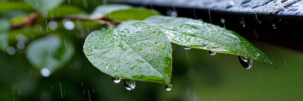Raindrops glisten on green leaves as rain continues to fall, capturing the freshness of nature during rainfall.