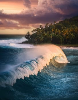 Tsunami wave coming towards shoreline of a tropical island. Weather disasters caused by the global climate change. Environmental problem concept.