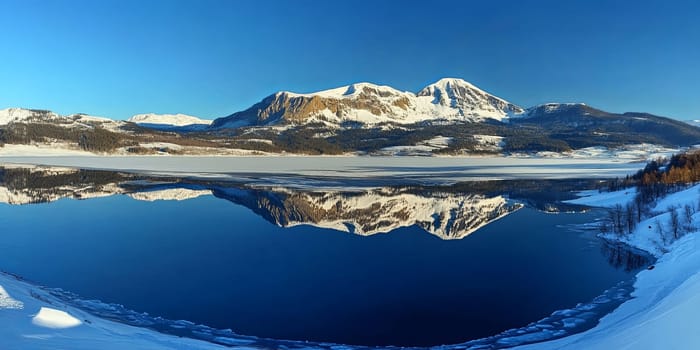 A panoramic view of snow-capped mountains perfectly reflected in the calm waters of a lake under a clear blue sky.outdoor adventure content, and scenic wallpapers.