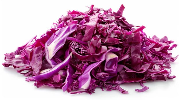 A pile of shredded cabbage on a white background with a purple tint.