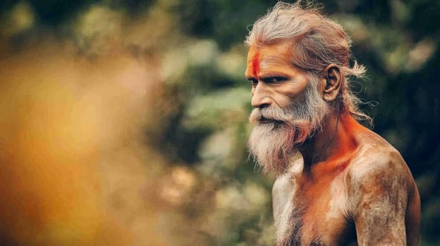 Close-up of an elderly man with white hair and beard painted with traditional patterns standing in a natural environment.