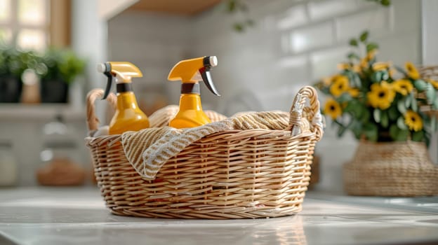 A basket with two spray bottles in it on a counter