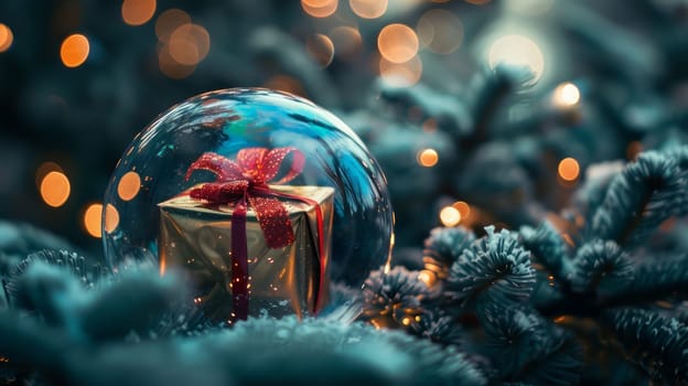 A gift wrapped in a glass ball with red ribbon on it