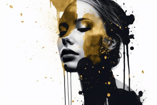 A woman with gold paint splatter on her face and hair