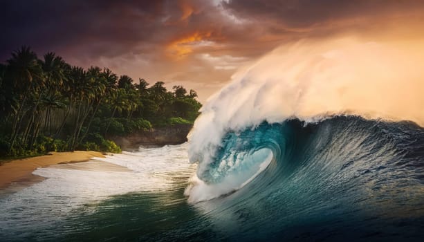 Tsunami wave coming towards shoreline of a tropical island. Hurricane approaching the coast with dark rain clouds covering the sunset light