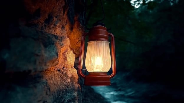 A glowing lantern mounted on a rustic stone wall casts a warm light on the surrounding dim environment, evoking a cozy atmosphere of an outdoor evening.