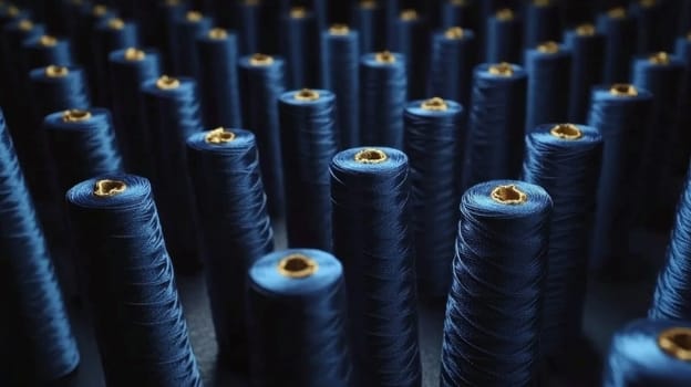 Rows of blue yarn spools with gold centers arranged in a visually appealing repeating pattern.