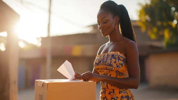 A woman dressed in colorful traditional clothing casts her vote in a ballot box on the street, with warm sunlight in the background.