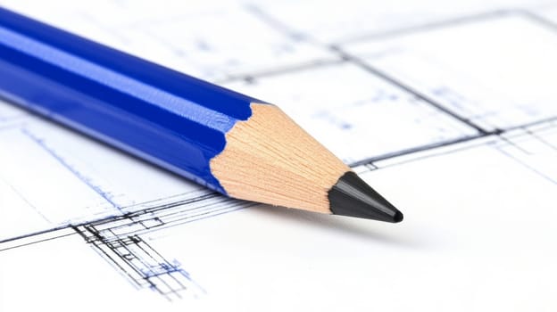 Close-up of blue pencil on architectural drawing, emphasizing the concept of precision and design.