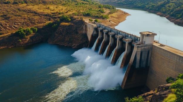 A large hydroelectric dam releasing water into a calm river, surrounded by rugged terrain and greenery.