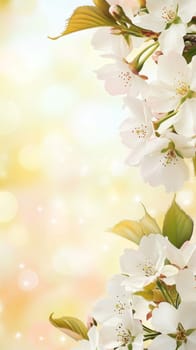 A delicate arrangement of white blossoms framed on the side with a soft, glowing bokeh background in pastel tones