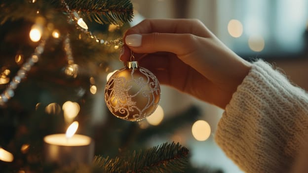 A close-up of a hand placing a golden ornament on a decorated Christmas tree, with twinkling lights and soft candlelight in the background.