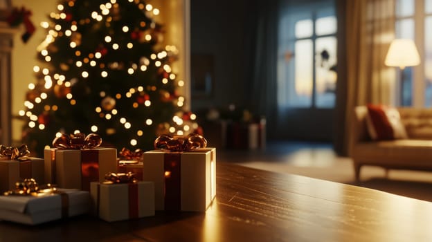 Wrapped Christmas presents with golden ribbons sit on a table, with a beautifully lit tree and cozy living room in the background