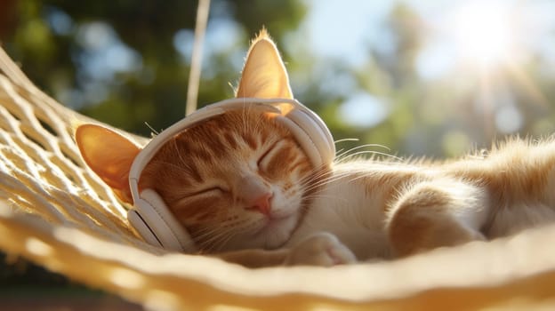 A ginger cat peacefully napping in a hammock while wearing headphones, basking in the warm sunlight in a serene outdoor setting.