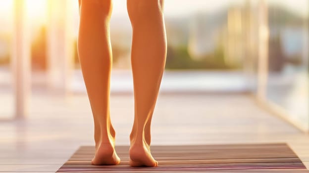 Close-up of bare feet on a yoga mat with soft morning sunlight streaming through large windows, creating a serene and calm atmosphere.