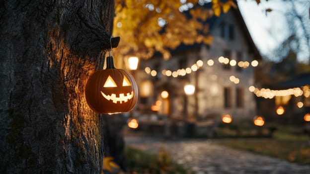 A carved Jack-o-lantern with a glowing face hangs on a tree in a festive yard, illuminated by string lights, celebrating Halloween at dusk.