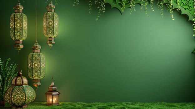 A green wall with lanterns and grass in front of it