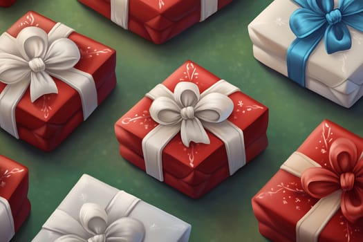 Various wrapped gifts in red, white, and blue with bows are artistically arranged on a green surface for celebration.