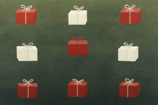 Nine colorful gift boxes are neatly arranged on a dark green background, celebrating the winter holiday spirit.