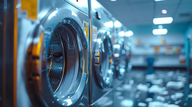 A range of washers and dryers in a commercial laundry room with foam on the floor