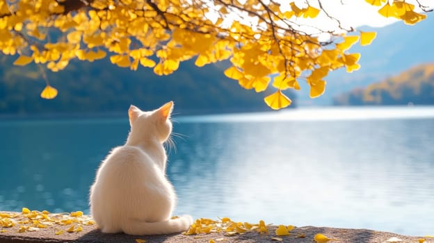 A serene white cat sits by a calm lake, surrounded by golden autumn leaves, looking out at the water under a canopy of trees.