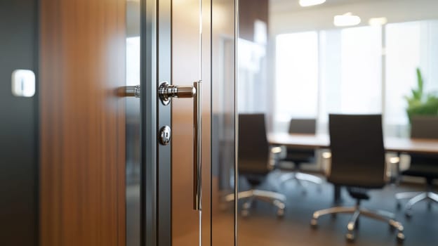 Modern office with polished glass door leading to a conference room filled with sleek black chairs