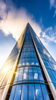 View from below of a towering glass skyscraper reflecting sunlight against a bright blue sky with soft clouds.