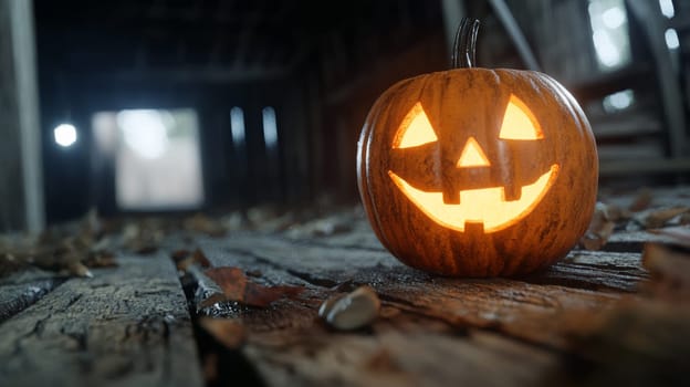 Glowing jack-o-lantern on rustic wood floor in barn surrounded by fall leaves creating a Halloween vibe.