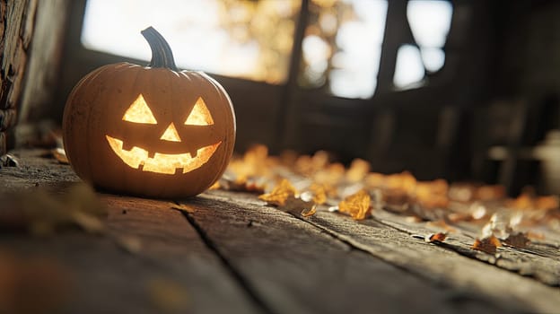 A glowing jack-o'-lantern sits on a rustic wooden floor surrounded by autumn leaves, creating a warm Halloween ambiance.