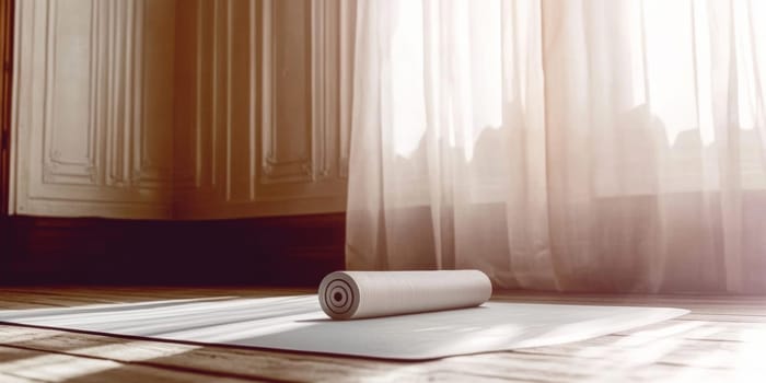 Yoga mat and yoga foam roller in the room on the floor with curtains.soft light and shadows on the wooden floor. soothing atmosphere.