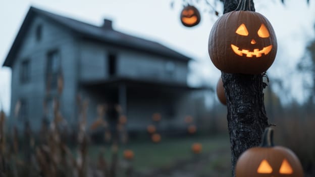 Carved Jack O Lantern pumpkins hanging from tree branches, in an autumn setting with a rustic house in the background.