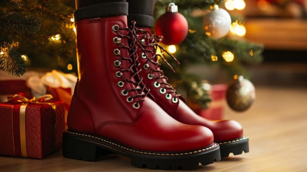 Someone in a A pair of red leather boots standing next to a Christmas tree surrounded by decorations and wrapped gifts. festive atmosphere.