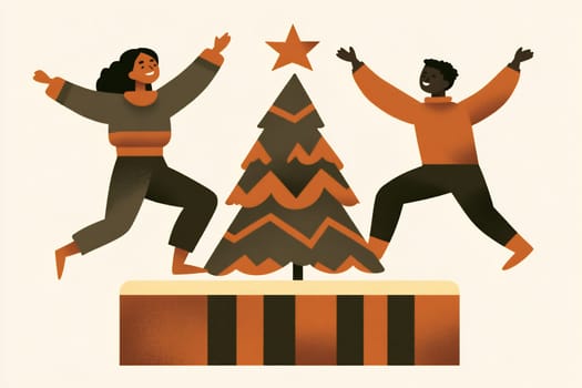 Two people are gleefully leaping beside a decorated Christmas tree adorned with a star and surrounded by presents, radiating holiday cheer.