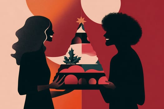 Two individuals exchange a decorated cake adorned with festive elements, highlighting joy and camaraderie during a winter celebration.
