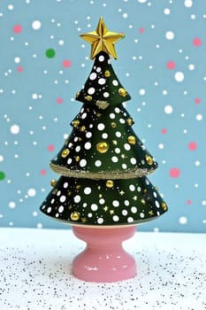 A charming vintage-style Christmas tree adorned with gold ornaments and set against a playful backdrop, perfect for holiday decor.
