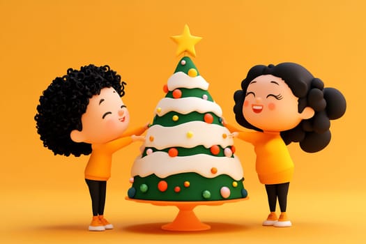 Two joyful kids in matching outfits place ornaments on a decorated Christmas tree, embracing the joy of holiday traditions.