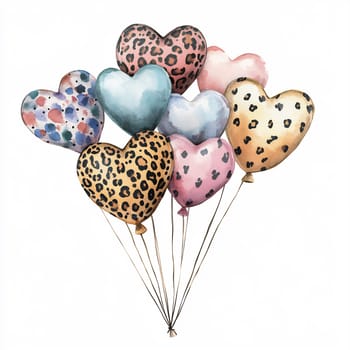 A bunch of heart-shaped balloons in diverse colors and patterns gently floats, perfect for adding a festive touch to any occasion.