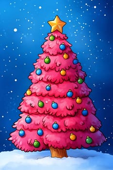 A cheerful pink Christmas tree decorated with bright baubles stands alone in a snowy winter landscape under a night sky filled with stars.